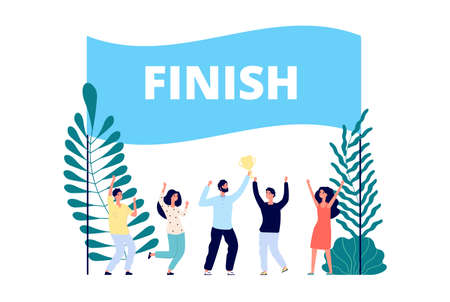 Team reached goal. Successful project finish, leadership competition. Business winners, man and happy people with gold cup vector illustration. Team finish project, teamwork prize, strategy winnerのイラスト素材