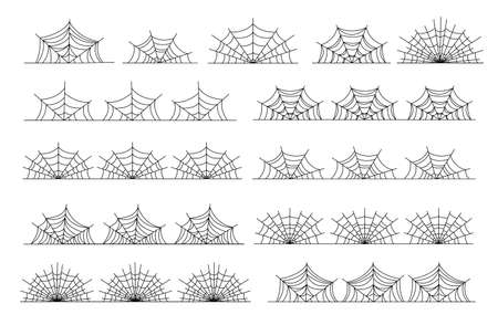 Cobweb border. Black horror abstract frames, halloween spooky isolated spiderweb dividers. Nature gossamer decorations vector illustration. Cobweb spider silhouette, black isolated borderのイラスト素材
