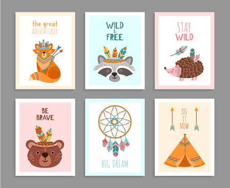 Be brave posters. Woodland wild animals, tribal arrows child fun birthday card. Happy forest adventure raccoon fox deer vector illustration. Tribe raccoon and grizzly, wild indian hedgehogのイラスト素材