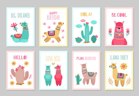 Llama cards. Beautiful invitations, alpaca flower colorful birthday invites. Babies kids posters with cactus cute wild animals vector set. Illustration alpaca card, greeting colored traditional posterのイラスト素材
