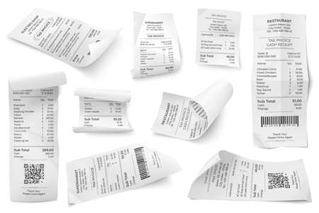 Retail bills. Supermarket bill, isolated restaurant check atm financial check. Realistic market pay paper or invoice vector template. Supermarket bill paper, order calculation invoice illustrationのイラスト素材