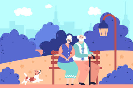Grandparents in park. Romantic elderly people, happy senior sit together on bench. Old couple in love walk dog outdoor vector illustration. Old grandmother and grandpa in parkのイラスト素材