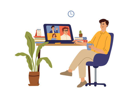 Video conference. Internet learning, computer virtual meeting with friends. Business call, online communication or training vector concept. Illustration internet communication, video meetingのイラスト素材