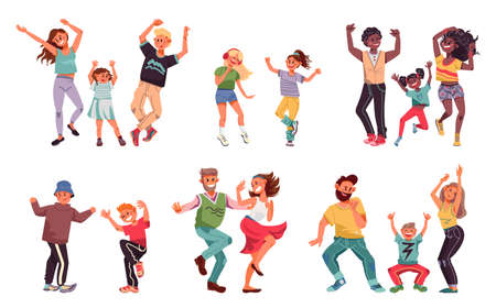 Dancing family. Young people, fun kid parents disco dance. Children and couple enjoy good time, happy dad child mother vector characters. Illustration man and female dance, mother and fatherのイラスト素材