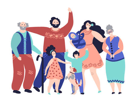 Large family. Generations, cartoon smiling parents and kids. Happy grandparents mom girl boy baby...