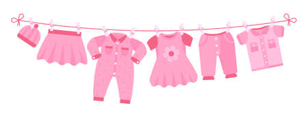 Girl newborn clothes. Cute pink dress, hat pants drying on clothesline. Isolated cartoon apparel for little female vector illustration. Baby pink clothes, trousers and shirt after washingのイラスト素材