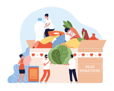 Foods donate. Holiday food drive donation, christmas charity. Volunteers collect cardboard box aid with cans and groceries vector concept. Illustration charity box, donation in cardboardのイラスト素材