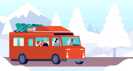 Winter camp car. Christmas outdoor family travel, trailer on road. Holiday travellers driving on snow mountain landscape vector illustration. Winter adventure car, trip and vacationのイラスト素材
