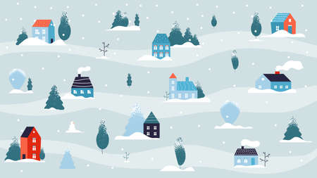 Winter snowy landscape. Christmas house minimal background, country or cute village in forest. Flat street cold weather and snow. Minimalism rural small buildings, neighborhood vector illustrationのイラスト素材