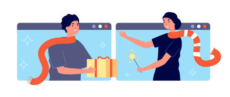 Online gift. Man give present woman, surprise service. Web holiday Christmas festive, international delivery. Remote parcel shipping vector illustration. Gift online present, surprise box or loyaltyのイラスト素材