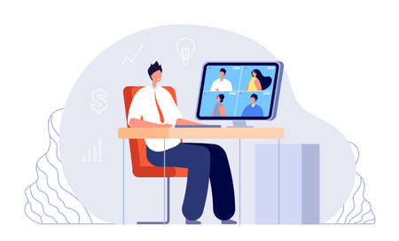 Online business meeting. Video conference, office work from home. Web study, internet networking or team digital webinar vector illustration. Team online and webinar communication, digital screenのイラスト素材