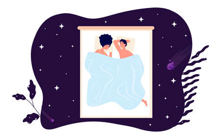 Couple sleep together. Healthy sleeping on bed, comfort mattress and pillow. Night starry sky and sweet dreams top view, bedtime vector illustration. Sleep night relax together man and womanのイラスト素材