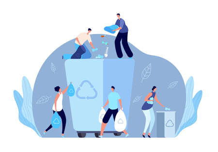 Garbage recycling concept. Person recycling waste, flat people clean plastic trash. Environmental industry volunteers vector illustration. Recycle waste and garbage, trash industryのイラスト素材