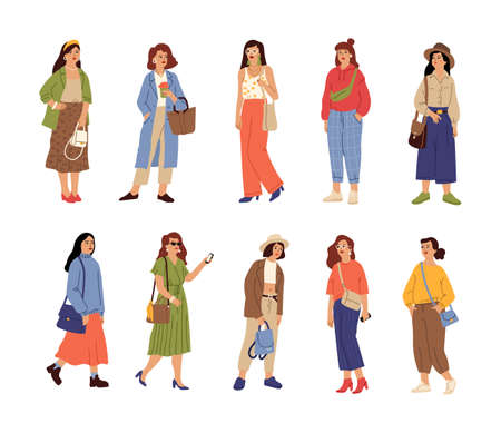 People wear casual clothes. Beautiful girl, fashion stylish female characters. Isolated young women spring autumn trendy outfit vector set. Spring autumn clothing for lady, new collection illustrationのイラスト素材