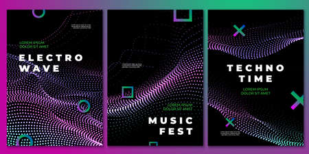 Techno music party posters. Club flyer, electronic dj festival design. Flow sound waves, rock house musical event recent vector background. Music dance flyer, poster techno invitation illustrationのイラスト素材