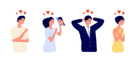 Self love. Be yourself, woman man hug and loving himself. Myself care me, positive happy people and girl look at mirror vector illustration. Positive myself and self-esteem, embrace holdingのイラスト素材