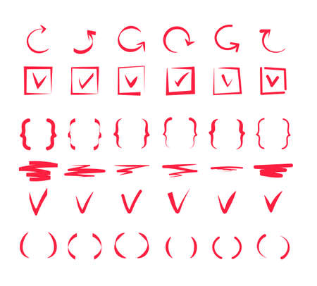 Doodle check marks. Hand drawn lines, red pen tick markings and brackets. Marker drawing scribble positive vote, ok or correct vector signs. Illustration doodle circle stroke mark, hand marker sketchのイラスト素材