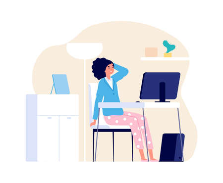 Tired woman. Home office, freelance working with computer. Girl has headache, burnout or deadline time vector concept. Illustration woman at computer, freelance person exhaustedのイラスト素材