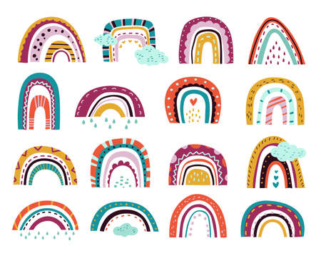 Abstract drawing rainbows. Cartoon weather, pastel modern scandinavian clouds clipart. Different unusual shapes rainy day exact vector set. Illustration weather drawing rainbow abstractのイラスト素材