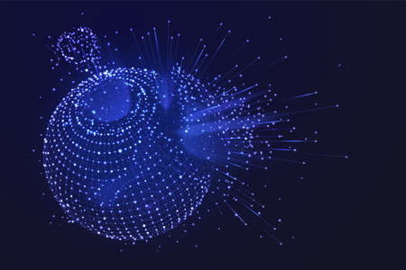 Abstract sphere explosion. Particles burst, energy spark globe banner. Digital technology world, 3d recent connected lines vector concept. Illustration futuristic and dynamic creative glow gridのイラスト素材