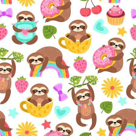 Sloth pattern. Sleep animal, cartoon sloths eat dancing or dream. Cute zoo characters, exotic characters print exact vector seamless texture. Sloth slow seamless, jungle character illustrationのイラスト素材