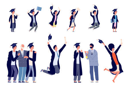 Children graduates. Happy students, kids graduating kindergarten preschool or school. Teenagers hugging college lecturer vector set. Illustration graduation achievement, cheerful people on ceremonyのイラスト素材