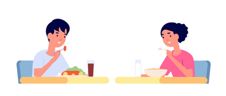 Children eating. Healthy meal, kids eat snack and drink at table. Cartoon boy girl kindergarten breakfast, child lunch vector illustration. Kids eat breakfast, delicious meal and snackのイラスト素材