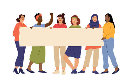 Women demonstration. People holding banner, feminism or protest girl group. Isolated friends standing together, female rights vector concept.のイラスト素材