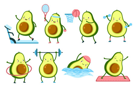 Avocado fitness. Cartoon food gym, healthy fruits fitness characters. Funny sport athlete workout, swimming yoga training exact vector set. Illustration avocado in gym, cartoon exercise vegetableのイラスト素材