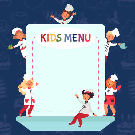 Kids cooking background. Little chef, children menu or certificate template. Restaurant design, young cooks vector. Kids menu restaurant, template frame, brochure with children chef illustrationのイラスト素材