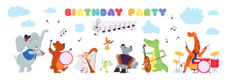 Birthday musical animals. Musician playing instrument, celebration cute characters baby shower banner. Decent party card vector. Illustration musical birthday card, character with instrumentsのイラスト素材