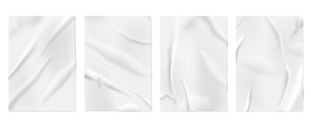 Glued paper. Wall posters, blank wrinkled surface mockup. White ripped wet effect with wrinkles, creased fabric flyers recent vector set. Illustration rough gluing blank, empty templateのイラスト素材