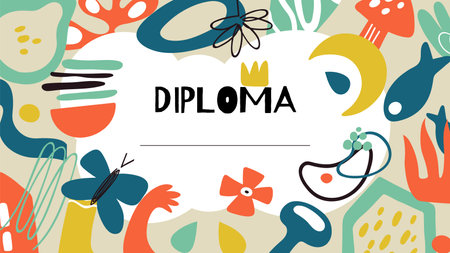 Diploma template. Doodle contemporary certificate design for children or adults. Modern blank award banner vector background. Blank document education, graduate award illustrationのイラスト素材