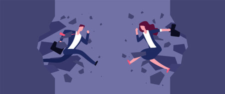 People broken wall. Businessman woman jump through barrier. Overcome, career motivation vector concept. Illustration businessman broken wall and escapeのイラスト素材