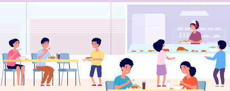 School canteen. Kids lunch, eating cafeteria room with friends. Students food drink in cafe. Public college dining hall vector concept. Canteen lunchtime children, university breakfast illustrationのイラスト素材