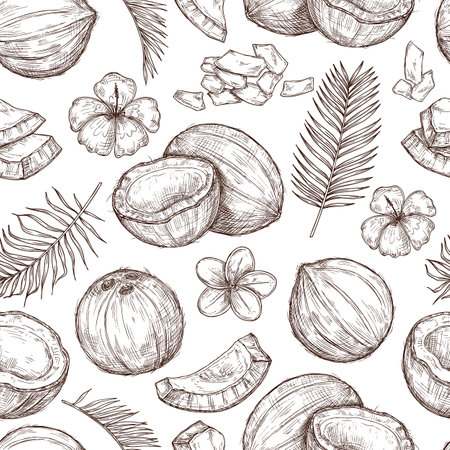 Coconut seamless pattern. Fresh food, tropical leaf flowers print. Paradise beach coco, drawing hipster summer exotic exact vector texture. Illustration exotic coconut, food tropical freshのイラスト素材