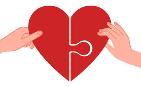 Connected hearts. Find love, hands holding half of red heart puzzle. People feelings metaphor, passion friendship or human relationship vector. Heart connection to relationship, dating illustrationのイラスト素材