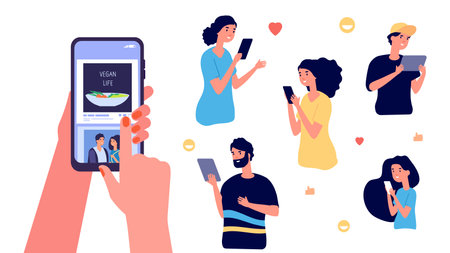 Share info. Social media concept, people with smartphones likes photos. Modern communication vector illustration. Mobile social phone share pageのイラスト素材