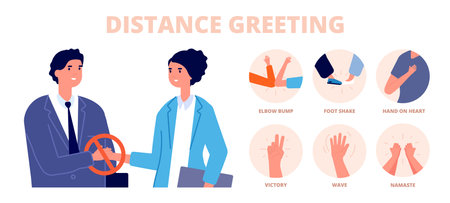 Safe greetings. Distance contact, no handshake or alternative protective greet methods. Feet hit or namaste, gesture utter vector icons set. No contact handshake, namaste or foot shake illustrationのイラスト素材