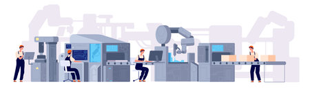 Production line. Manufacturing conveyor belt, industry machines factory workers. Product assembly process utter vector concept. Illustration industrial automatic factory line. Industry manufacturingのイラスト素材