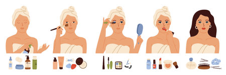 Makeup routine. Beautiful girl model, skin care morning time. Woman use facial cosmetic products, korean serum swanky lipstick vector concept. Morning makeup, moisturizer and cleanser illustrationのイラスト素材