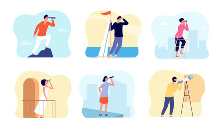 Look into future. Taking challenge, woman man achievements. Next step or goal vision. People on stair utter vector set. Success challenge, future inspiration, professional direction illustrationのイラスト素材