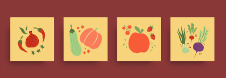 Fruit vegetables poster. Natural food shapes, color contemporary printing cards. Tropical products, raw harvest farming ingredients. Modern kitchen vector decorative elements illustrationのイラスト素材