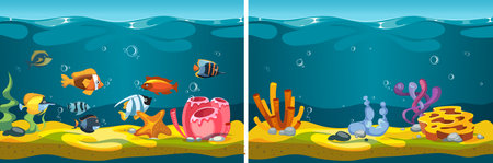 Underwater world. Cartoon fish, corals seaweed plants. Sea life, ocean flora fauna game locations vector template. Underwater aquarium with seaweed and fish illustrationのイラスト素材