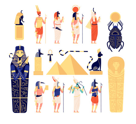 Egyptian elements. Ancient egypt gods, goddess mythology sculpture. Flat pyramid, isolated historical archeology symbols utter vector set. Goddess mythology civilization, pharaoh ancient illustrationのイラスト素材