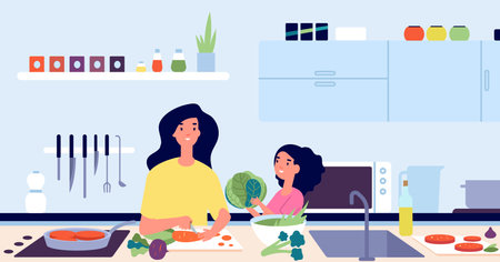 Mother children cook. Mom chef cooking, cartoon parent and daughter preparation food. Fun family on kitchen, dinner time utter vector concept. Mother and daughter cook, cooking dinner illustrationのイラスト素材