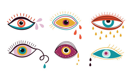 Crying eyes. Abstract eye, drops colorful falling down. Contemporary trendy doodle elements, sad emotions vector set. Eye tear, cry weeping, sorrowful illustrationのイラスト素材