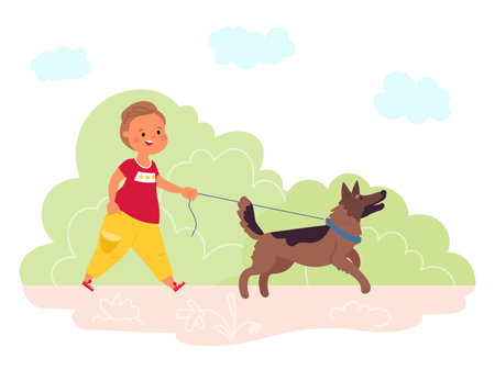 Walking dog in park. Summer outdoor walk, pet and child run together. Cute cartoon friends, boy with animal on nature decent vector concept. Active walk with dog in green park illustrationのイラスト素材
