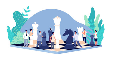 Chess game. Chess board, strategy tactics and cooperation. People holding rook queen pawn. Management competition vector. Chess battle business, intelligence leisure and strategic illustrationのイラスト素材