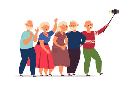Seniors group. Old people, elderly friends together doing selfie. Happy cartoon modern grandparents using smartphone decent vector. Senior elderly, selfie people grandpa and grandmother illustrationのイラスト素材